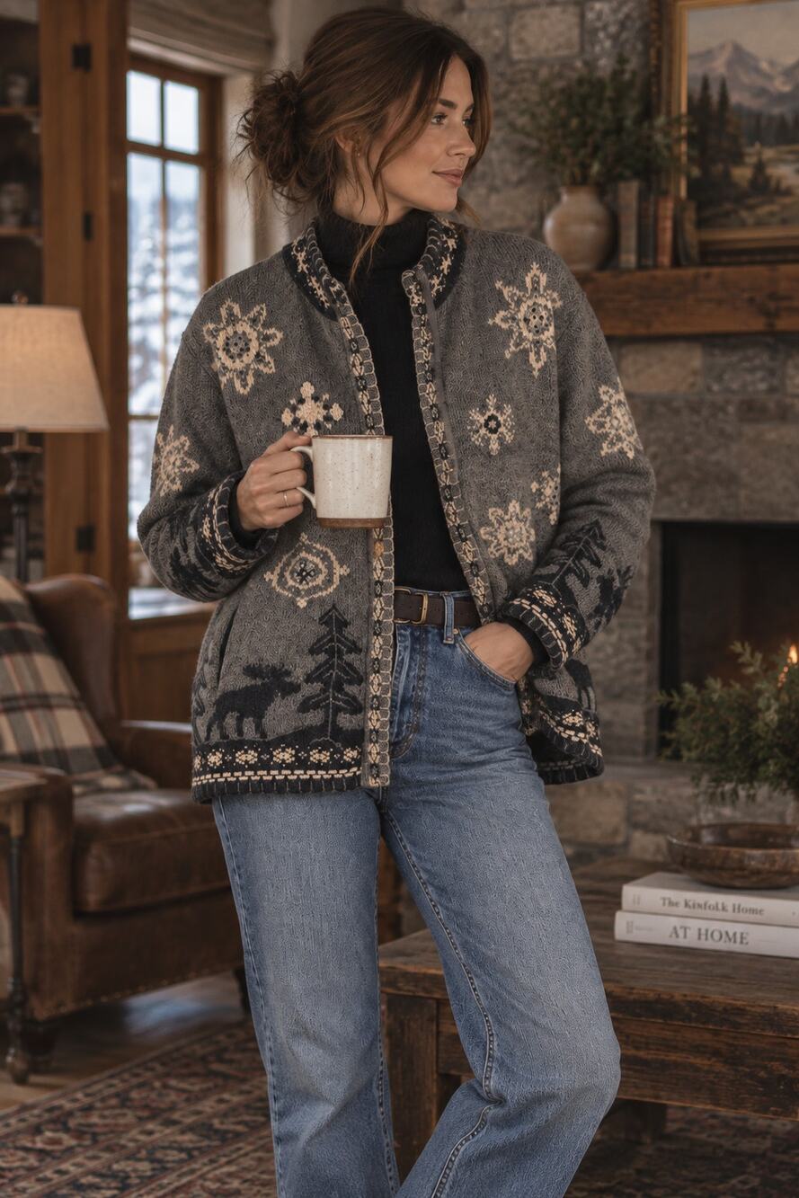 Vintage 2001 Icelandic Design Wool Nordic Moose Sweater Jacket M